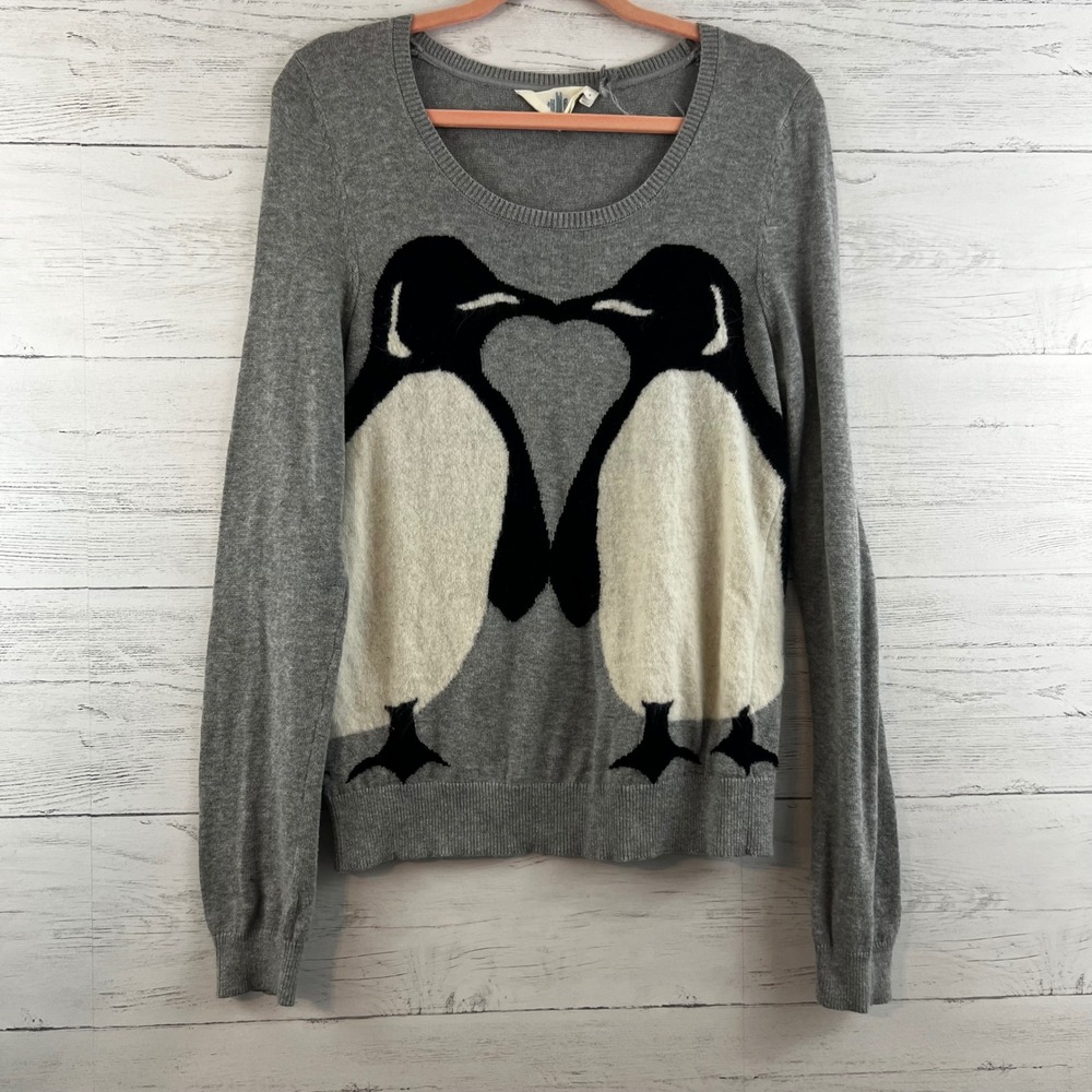 Anthropologie HWR Gray Penguin Heart Intarsia Knit Sweater Cotton Blend Medium